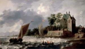 An Estuary Scene, With Rowing Boats And Small Sailing Boats Before A Fortified House
