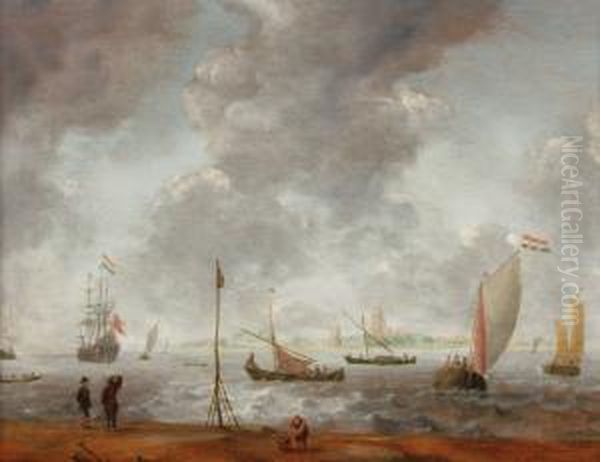 An Estuary Sceneover The Maas 
Near The Dutch Town Of Dordrecht, With Small Dutchvessels, A Man-of-war 
At Anchor, Some Figures On A Beach In Theforeground, Under A Heavily 
Clouded Sky - view 1