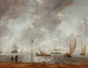 An Estuary Sceneover The Maas 
Near The Dutch Town Of Dordrecht, With Small Dutchvessels, A Man-of-war 
At Anchor, Some Figures On A Beach In Theforeground, Under A Heavily 
Clouded Sky