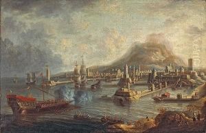 A Capriccio Of A Mediterranean Port With Shipsin A Busy Harbor by Jan Peeters