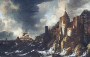 Schiff Im Sturm Vor Felsiger Kuste by Jan Peeters