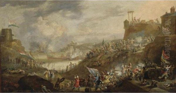 A Battle Scene Between Dutch And
Turkish Soldiers With Artillery, Near A Fortress On A Mediterranean
Coast, A Naval Battle In The Bay Nearby - view 1