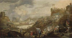A Battle Scene Between Dutch And
Turkish Soldiers With Artillery, Near A Fortress On A Mediterranean
Coast, A Naval Battle In The Bay Nearby by Jan Peeters