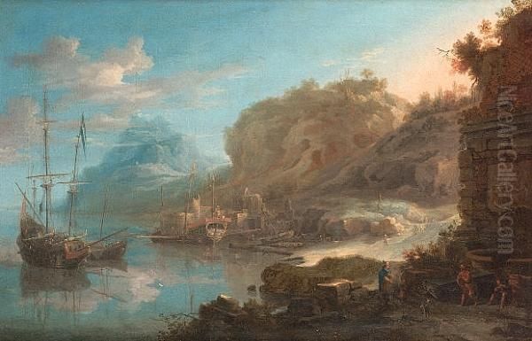 A Coastal Inlet With Moored Shipping And Figures On The Shore - view 1
