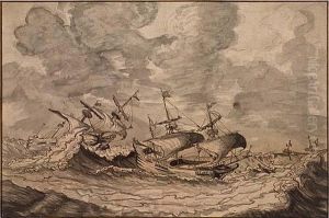 Two Sailing Vessels In A Stormy Sea<</b> Two Sailing Vessels In A Stormy Sea<</b>