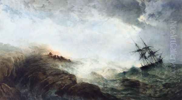 A Ship in Distress, with Figures n the Shore Firing a Rocket - view 1
