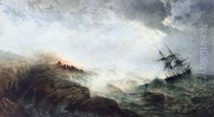 A Ship in Distress, with Figures n the Shore Firing a Rocket