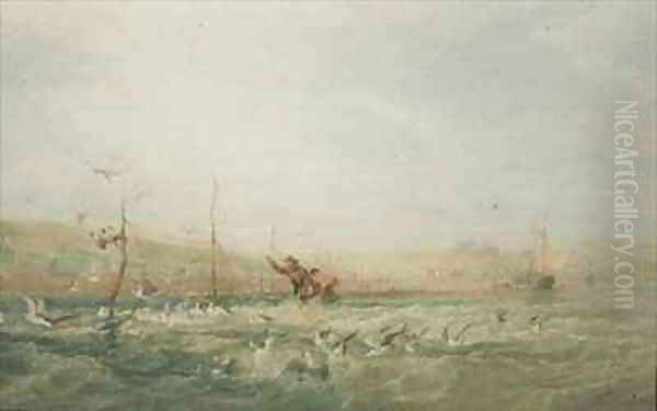 Fishermen Chasing Seagulls from the Nets Mumbles South Wales - view 1