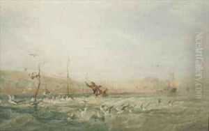 Fishermen Chasing Seagulls from the Nets Mumbles South Wales by Edward Duncan