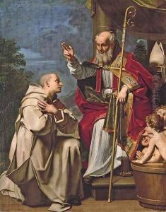 Saint Nicholas with the three school children and a Carthusian monk