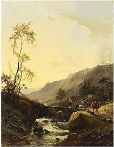 A Mountainous Landscape With A Traveller On A Bridge by Jacobus Pelgrom