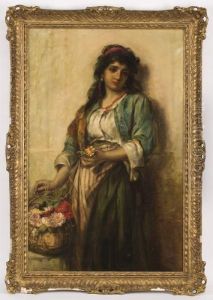 A Gypsy Girl With Flower Basket by Thomas Kent Pelham