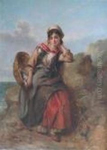 A Fisher Girl Seated On Coastal Rocks by Thomas Kent Pelham