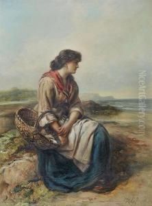 Girl With Basket Seated By The Shore, Signed, Oil On Canvas by Thomas Kent Pelham