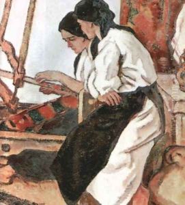 Peasant women working at a loom