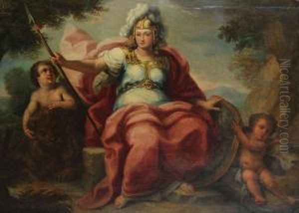 Athena In Landschap Geflankeerd Door Putto, Leeuw En Engeltje - view 1