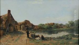 Les Lavandieres Pres De L'etang by Leon Germain Pelouse