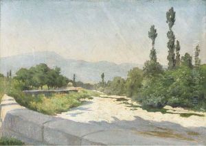 A Rocky River Bed In A Sunlit Landscape by Leon Germain Pelouse