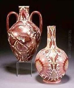 A Pink, Ruby and Gold Lustre Vase and a Ruby Lustre Vase with Ferocious Reptiles by William Frend De Morgan