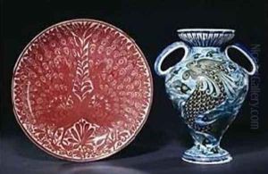 Two Peacocks in Full Show, 1885-1892, and a "Persian" Two Handled Vase, 1888-1898 by William Frend De Morgan
