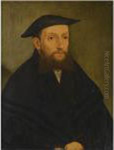 Portrait Of A Bearded Gentleman, Half Length, Wearing A Black Coatand Hat - view 1