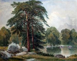 Wooded Lake Scene With Boat &amp; Figures
