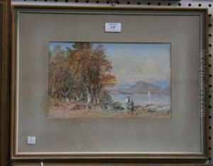 View Of An Italian Lake With Figures Conversing In The Foreground by Aaron Edwin Penley