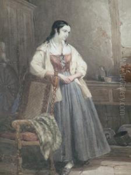 Study A Woman Standing Full Length In An Interior; Watercolour, Signed, 38x28cm - view 1