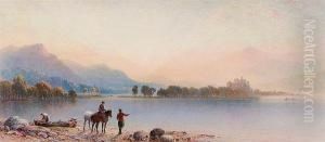 A Highland Loch And Castle At Sunset, With Figures And Ponies On The Shore