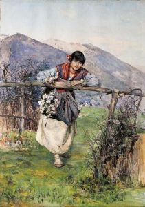 Ragazza In Costume Con Fiori, Appoggiata Allo Steccato