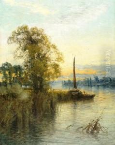 A Continental River Landscape At Sunset by Harry Pennell