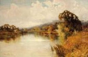 Cattle Watering In A Wooded River Landscape by Harry Pennell