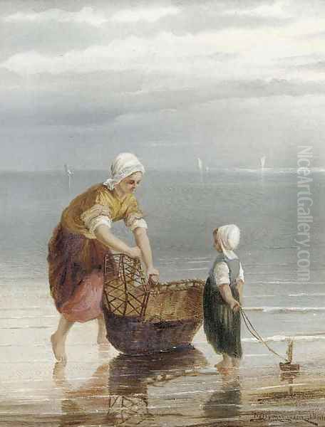 A mother crabbing with her child - view 1