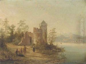 Figures by a coastal ruin off the Moselle