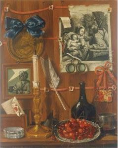 Trompe L'oeil With A Basket Of Cherries On A Table And Engravings Tacked Up To A Wall by Jean Valette-Falgores