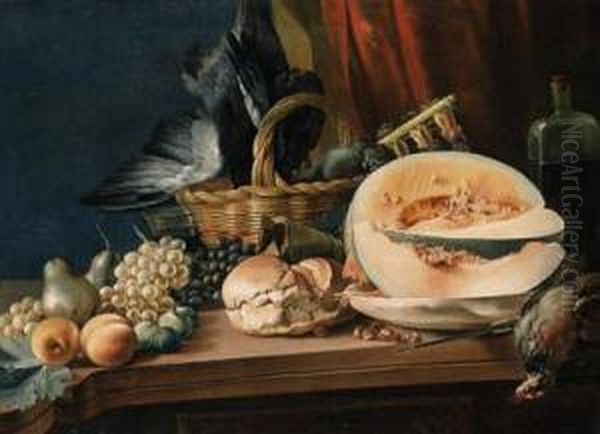 A Melon, A Bread Roll, Bunches 
Of Grapes, Pears And Other Fruit,chestnuts, A Bottle And A Basket Of 
Dead Songbirds On A Table - view 1