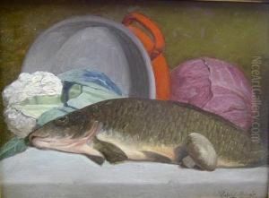 Still Life Of Fish And Vegetables by Janos Pentelei-Molnar