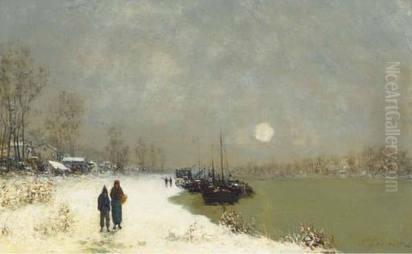 Figures Along A Riverside In Winter - view 1