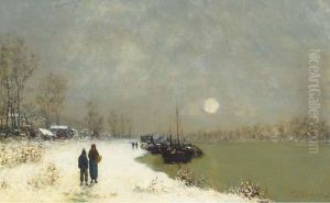 Figures Along A Riverside In Winter by Paul Emmanuel Peraire