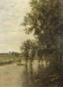 A Figure On A Boat In A River Landscape by Paul Emmanuel Peraire