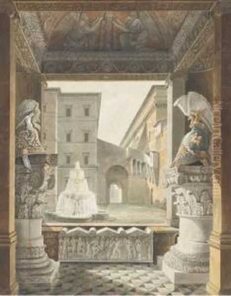 A Roman Courtyard Seen From A 
Loggia Decorated With Antique Helmetson Composite Columns And A 
Sarcophagus - view 1