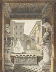 A Roman Courtyard Seen From A
Loggia Decorated With Antique Helmetson Composite Columns And A
Sarcophagus by Charles Percier