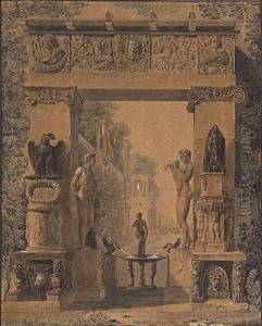 Architectural Capriccio With A Triumphal Arch, A Fountain And Gardens by Charles Percier