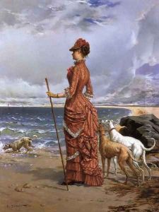 Elegant Lady Walking Her Greyhounds on the Beach by Edmond-Louis Dupain