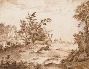 Un Chien Coursant Un Cerf Dans Un Paysage Arbore, Une Ville Dans Le Lointain by Gabriel Perelle