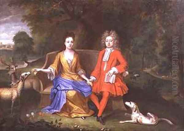 Portrait of Sir Charles Shuckburgh and his wife Diana with Shuckburgh Hall Warwickshire in the background - view 1