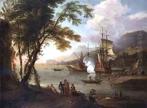 A capriccio of a Mediterranean harbour with shipping merchants and dockhands by Adriaen Van Diest