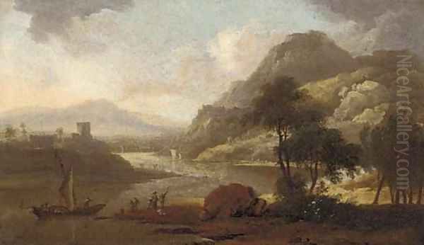A Rhenish river landscape with figures by a boat - view 1