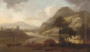 A Rhenish river landscape with figures by a boat