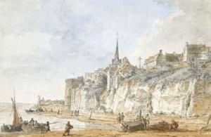 Un Village Fortifie Au Bord 
D'une Falaise Surplombant La Mer, Des Pecheurs Au Premier Plan